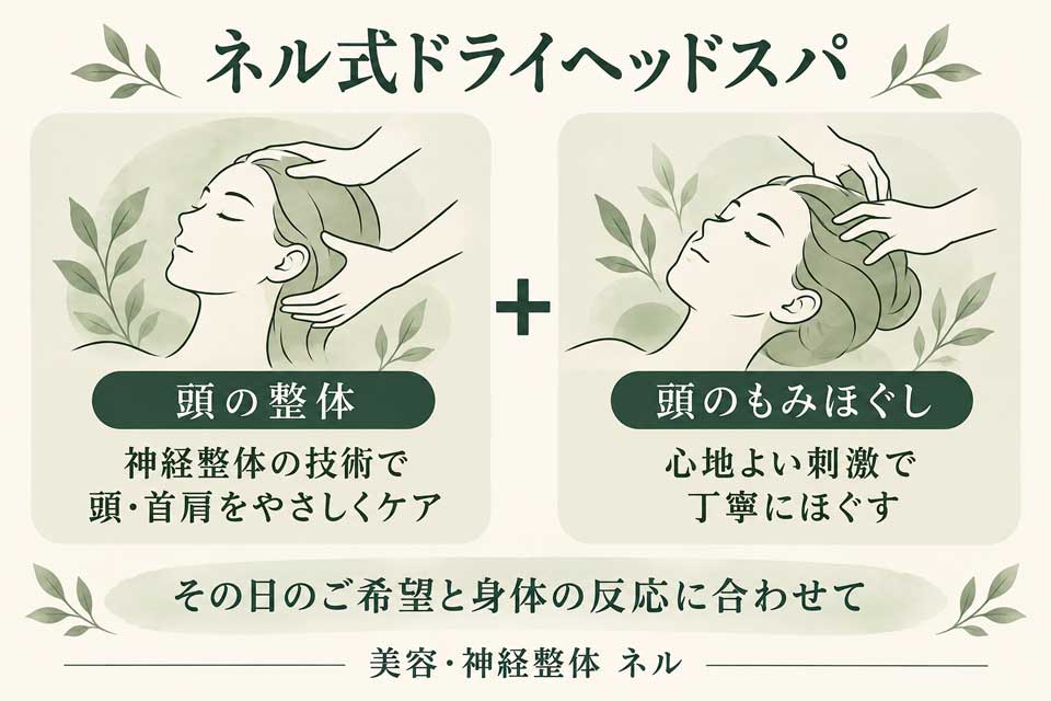 頭の整体と頭のもみほぐしを組み合わせたネル式ドライヘッドスパ