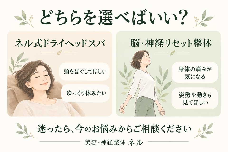 神経・ゆがみリセット整体とネル式ドライヘッドスパの選び方