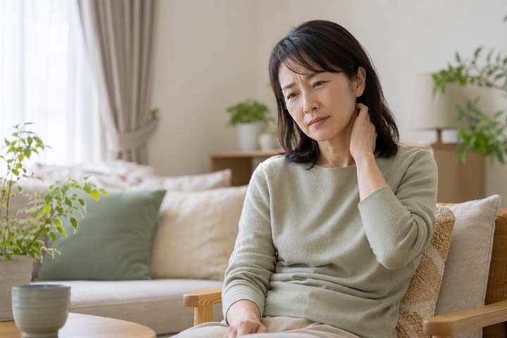 片手を首元に当てながら頭の重さや慢性的な疲れに悩んでいる女性