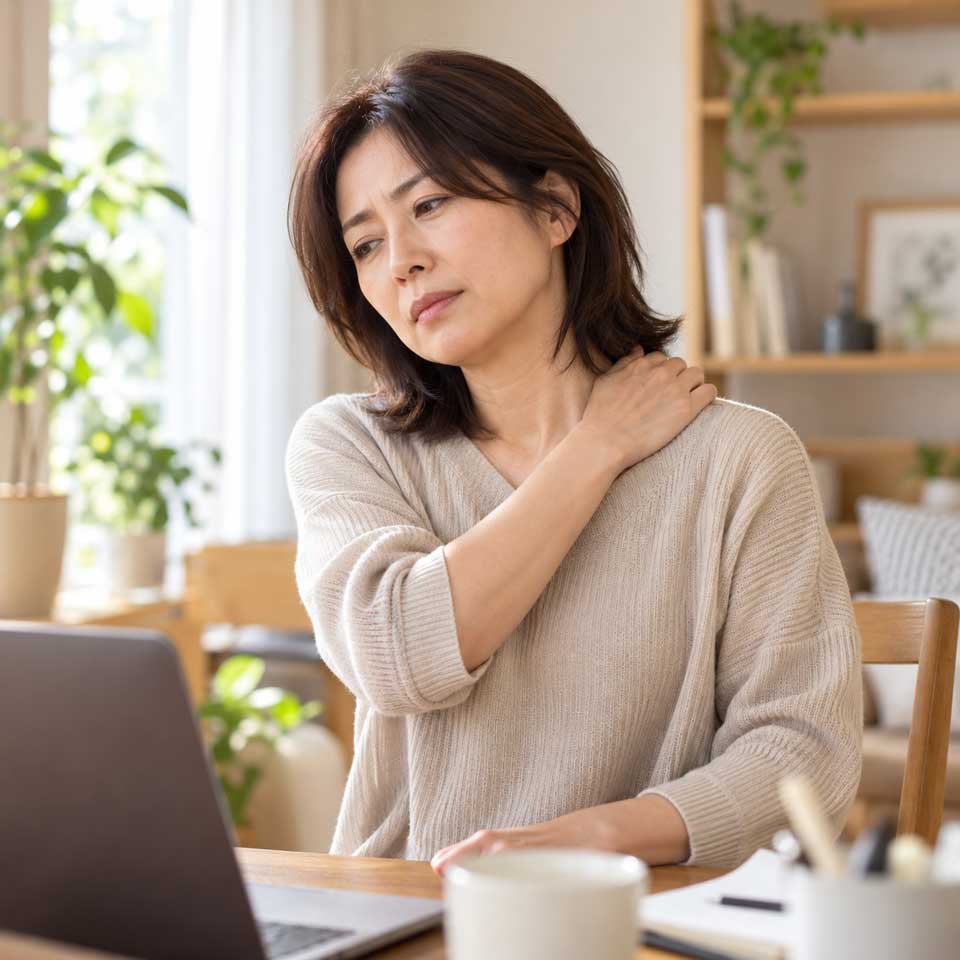 肩こりが辛そうな表情の女性