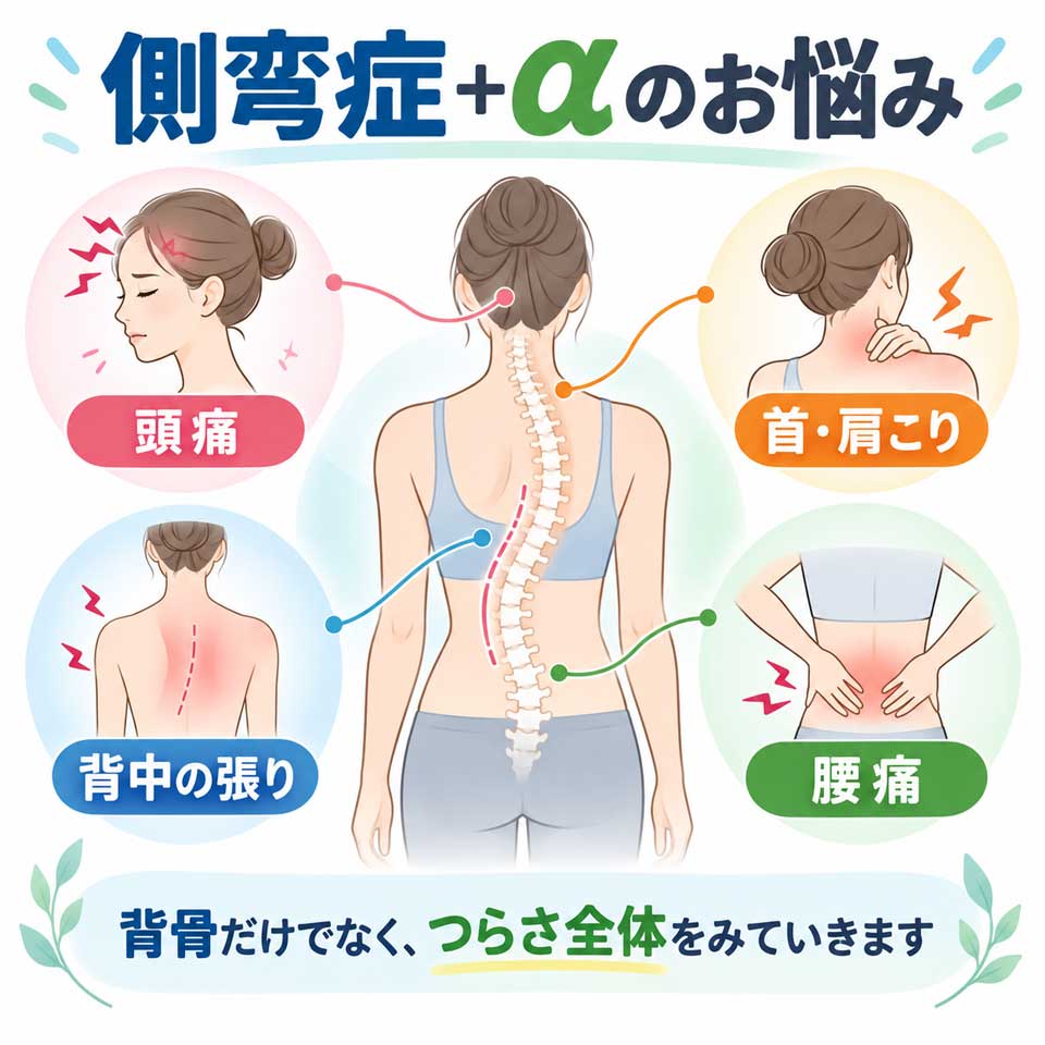 側弯症と頭痛、首肩こり、背中の張り、腰痛など複数のお悩み
