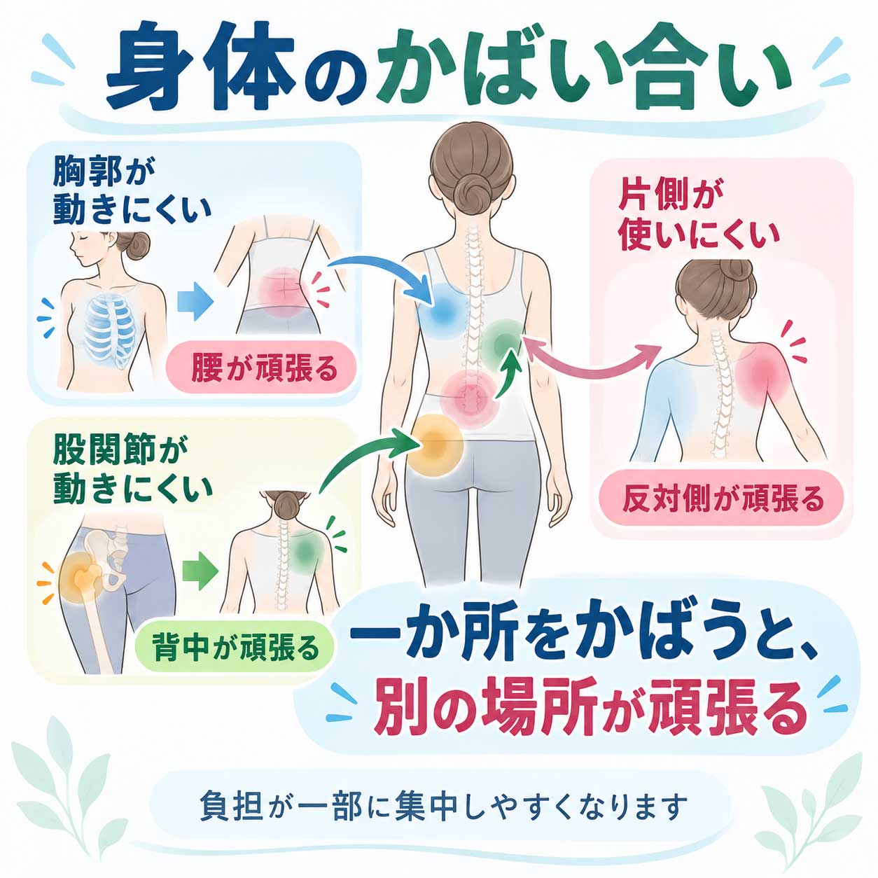 身体の一か所をかばうことで別の場所へ負担が集中するイメージ