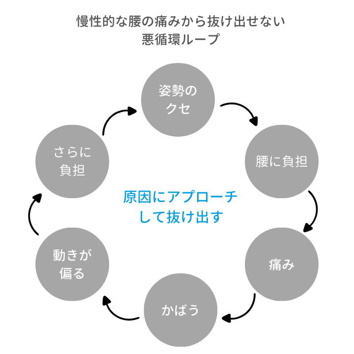 悪循環ループ「姿勢のクセ → 腰に負担 → 痛み → かばう → 動きが偏る → さらに負担」
