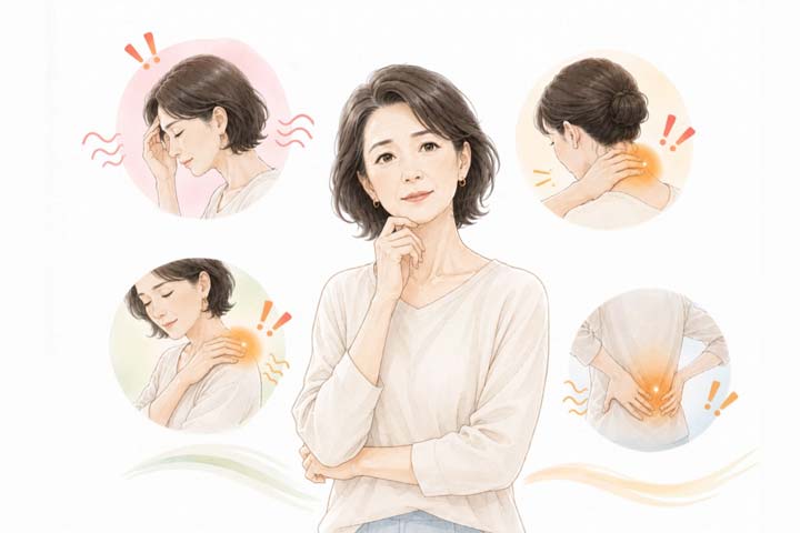 頭痛・首こり・肩こり・腰痛など体の不調サインに気づく50代女性のイラスト