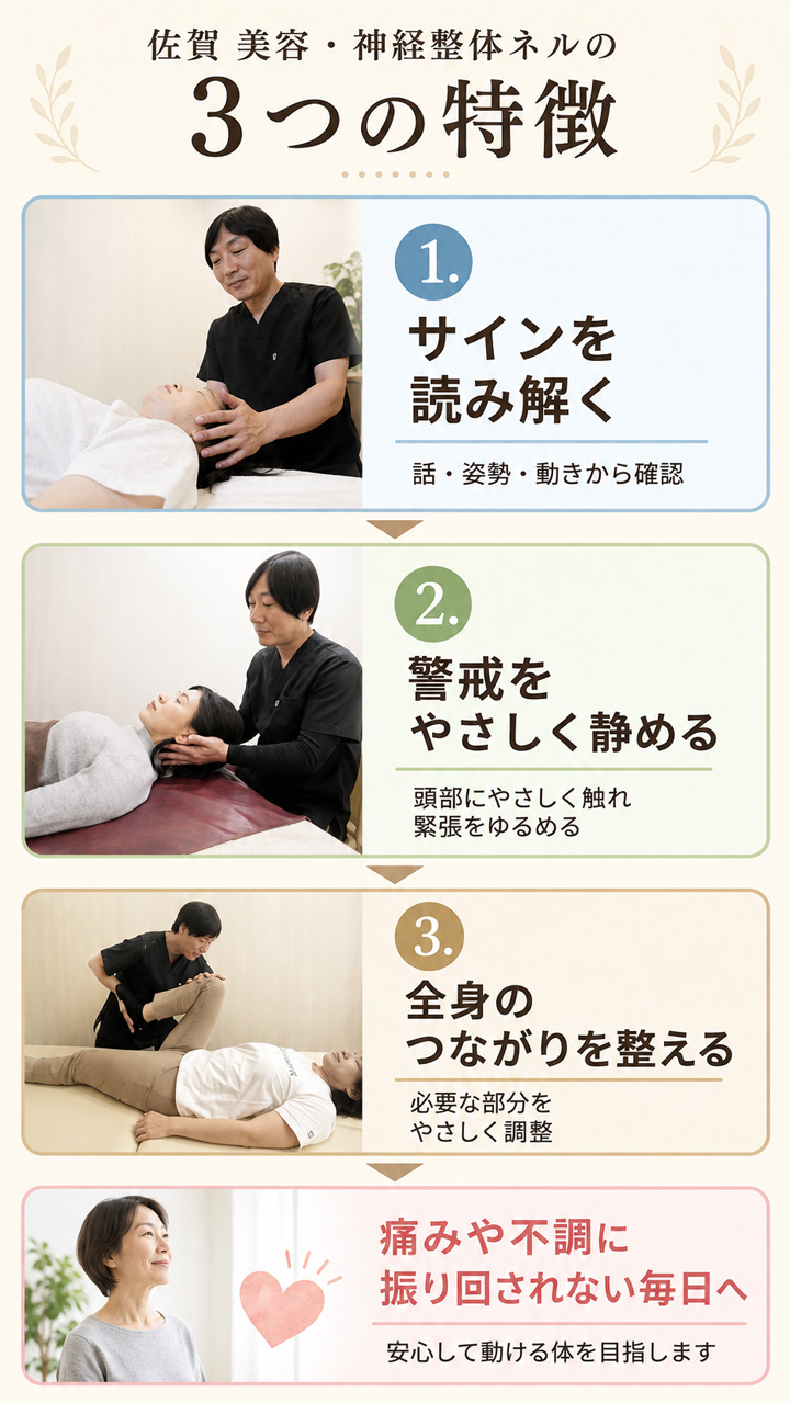 脳と体からのサインを読み解き、警戒をやさしく静め、全身のつながりを整えるネルの施術の3つの特徴